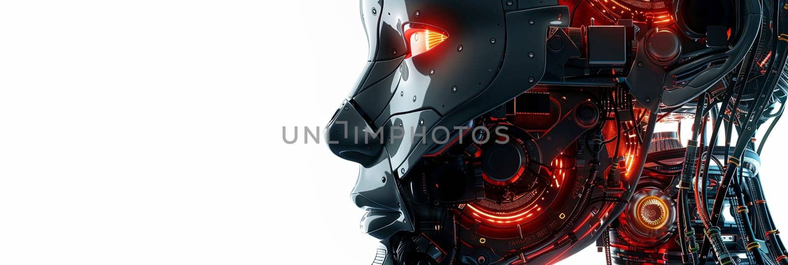 A close-up 3D rendering of an AI robot head with a digital brain engine, isolated on a white background. Generative AI by AnatoliiFoto