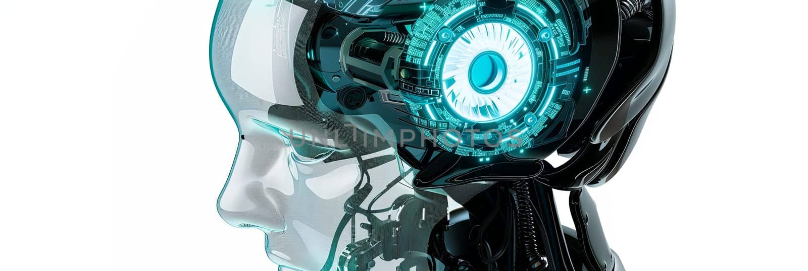 A 3D rendering of an AI robot head with a transparent brain engine, isolated on a white background. The robot head is black and silver, with blue and green glowing lights. Generative AI by AnatoliiFoto