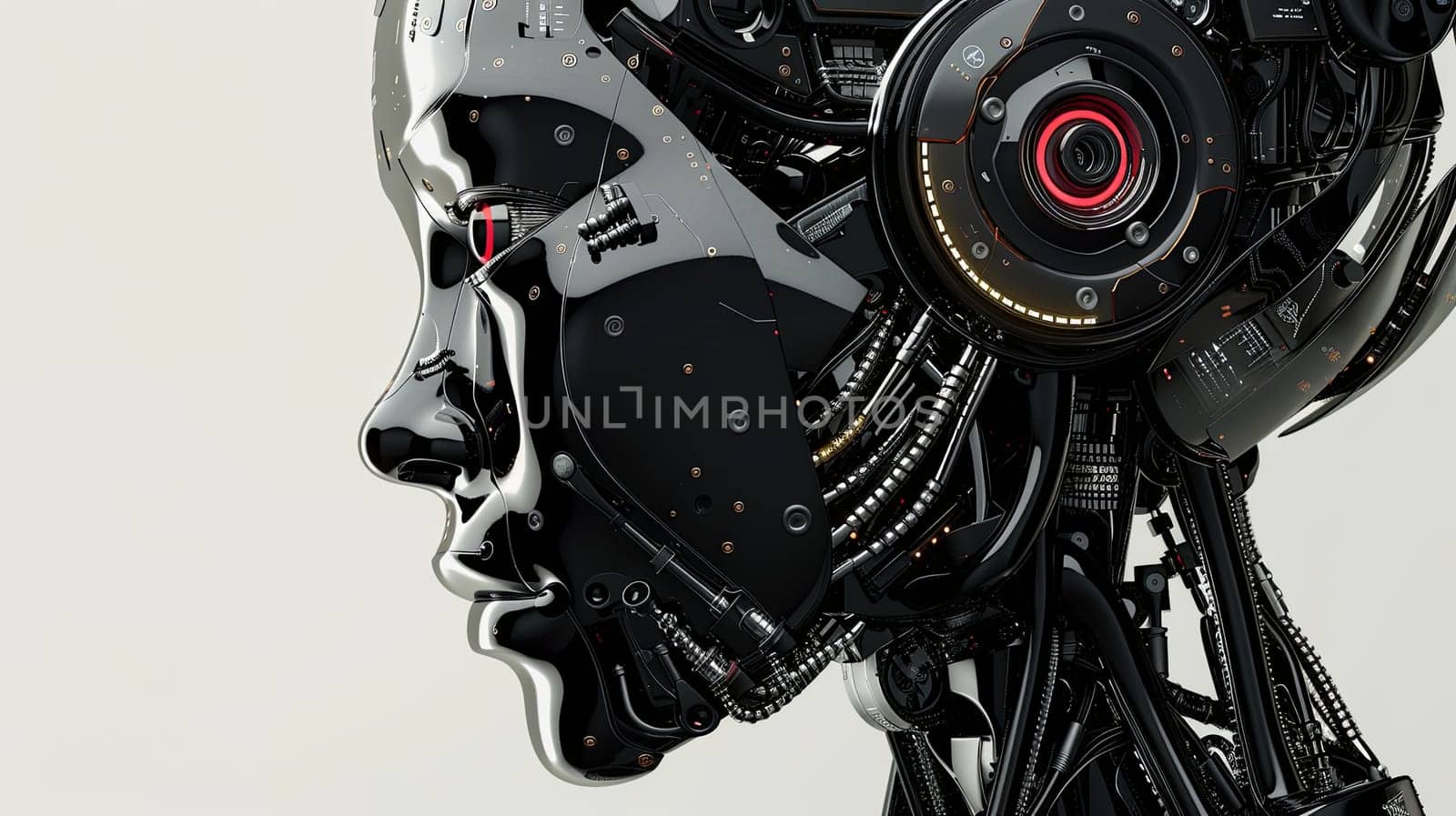 3D rendering of a black AI robot head with a digital brain engine. Isolated on a white background with clipping path. Generative AI by AnatoliiFoto