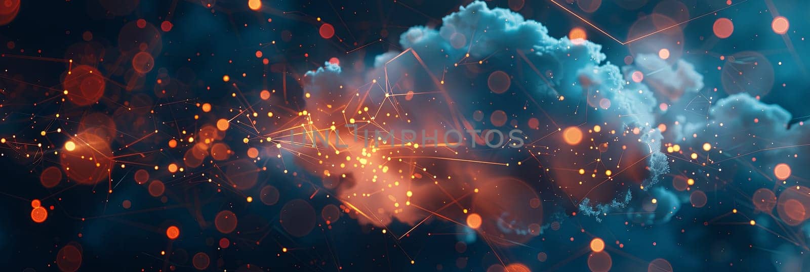 An abstract visualization of cloud computing with digital elements representing data processing and AI operations in the cloud.