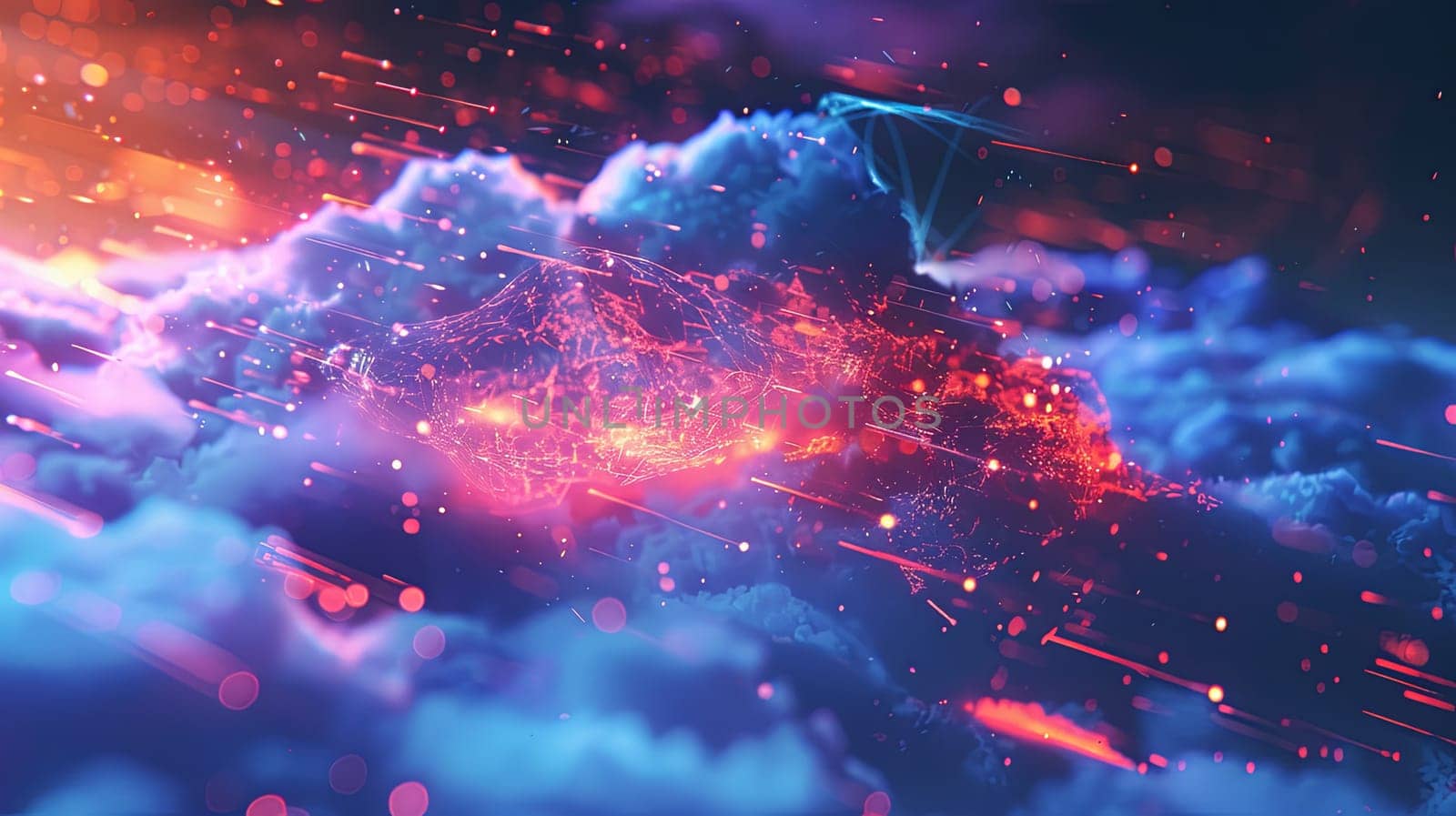 An abstract representation of cloud computing, showcasing digital elements representing data processing and AI operations within the cloud. Generative AI by AnatoliiFoto