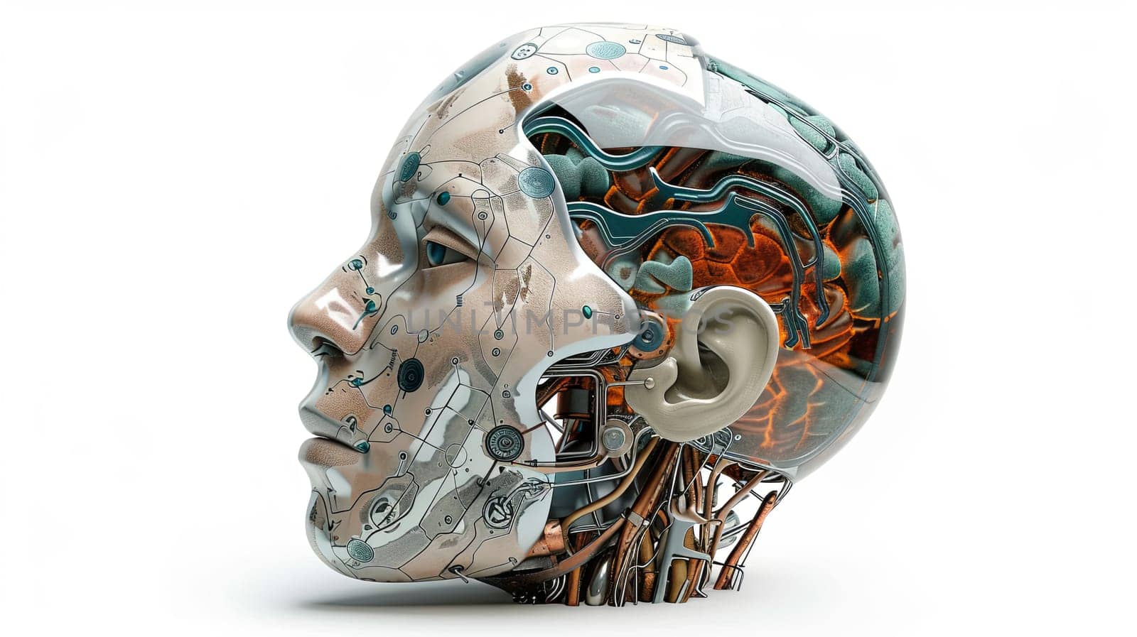 A 3D rendering of an AI robot head with a digital graphic brain engine visible inside. Isolated on a white background with clipping path. Generative AI by AnatoliiFoto