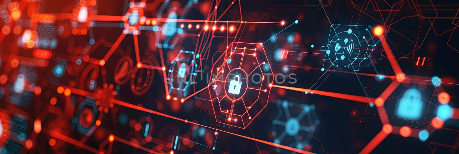 Abstract digital artwork depicting a cybersecurity network with digital locks, shields, and network nodes protected by AI algorithms. Generative AI by AnatoliiFoto