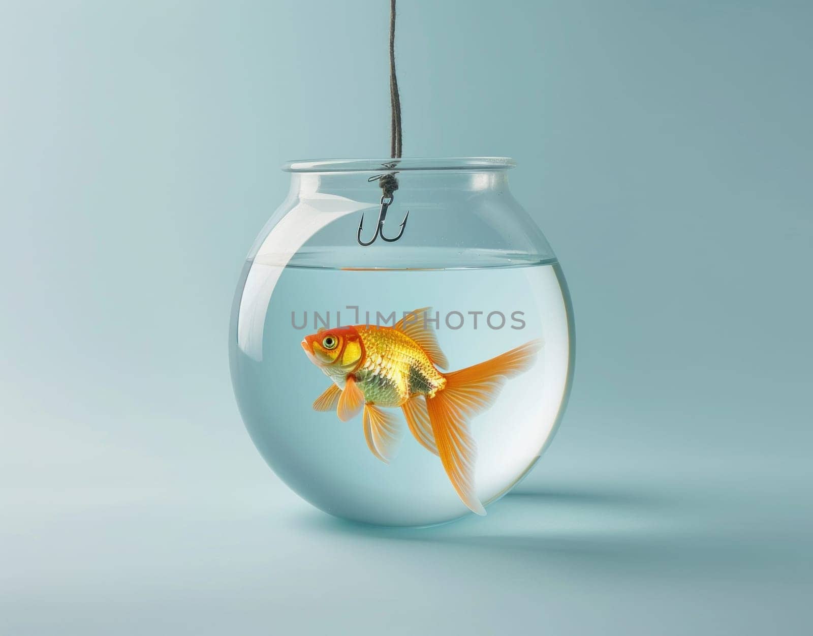 Goldfish in bowl with hook captivity and freedom, contrasting elements of nature and travel