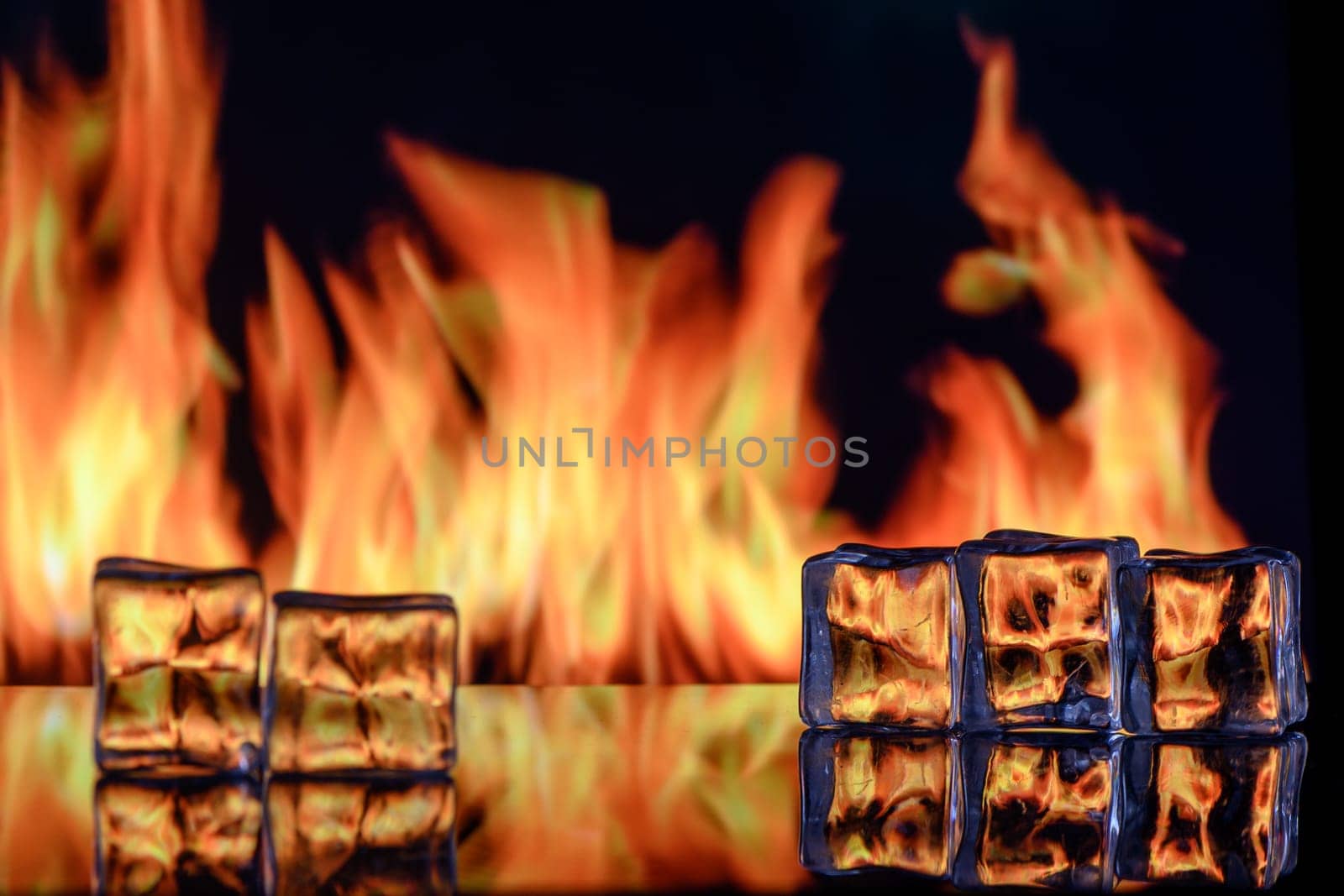 studio photography of a burning ice crystal and smoke in black reflective back 4