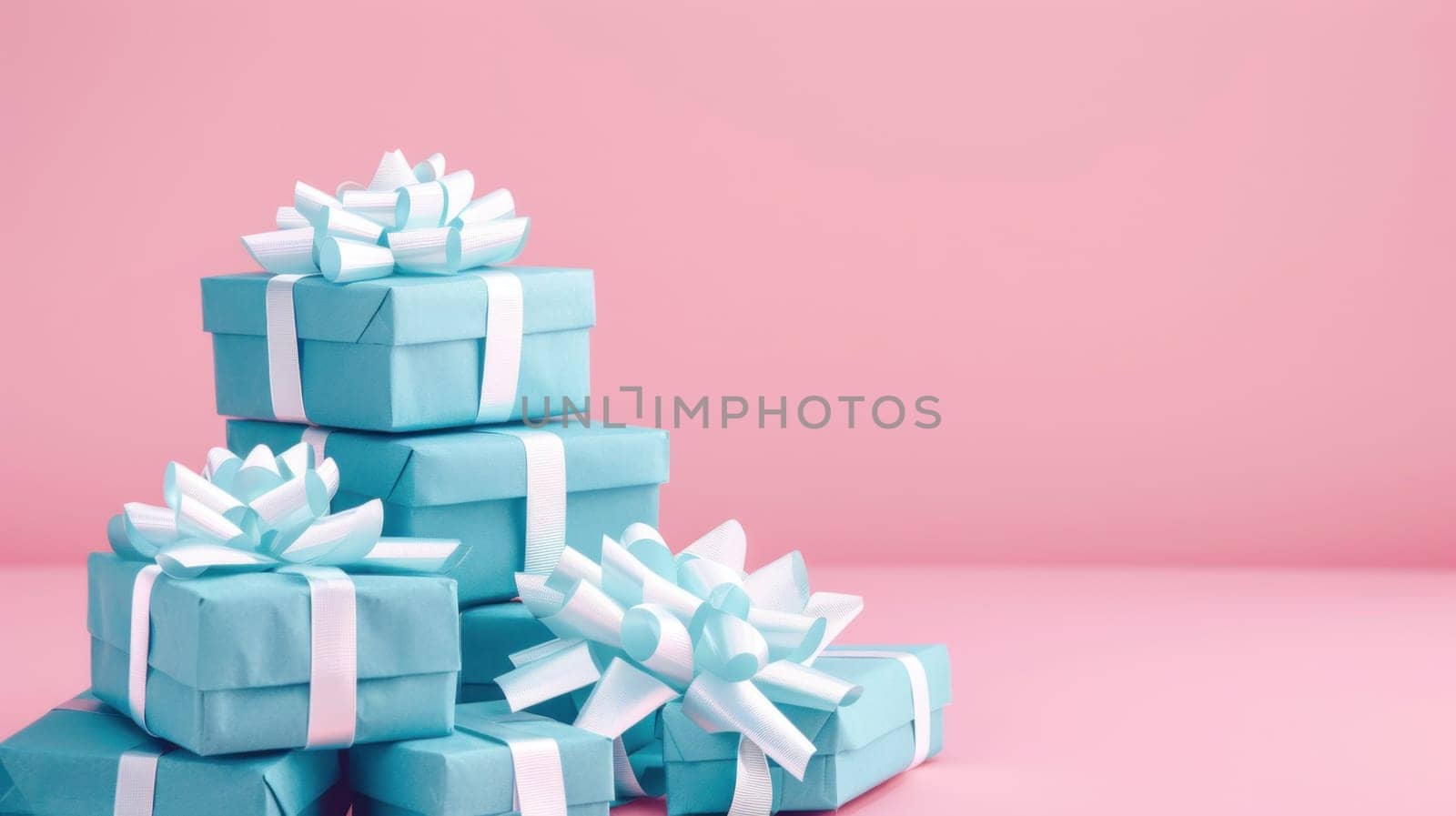 Stack of blue gift boxes on pink background with copy space for your message, perfect for special occasions and celebrations by Vichizh