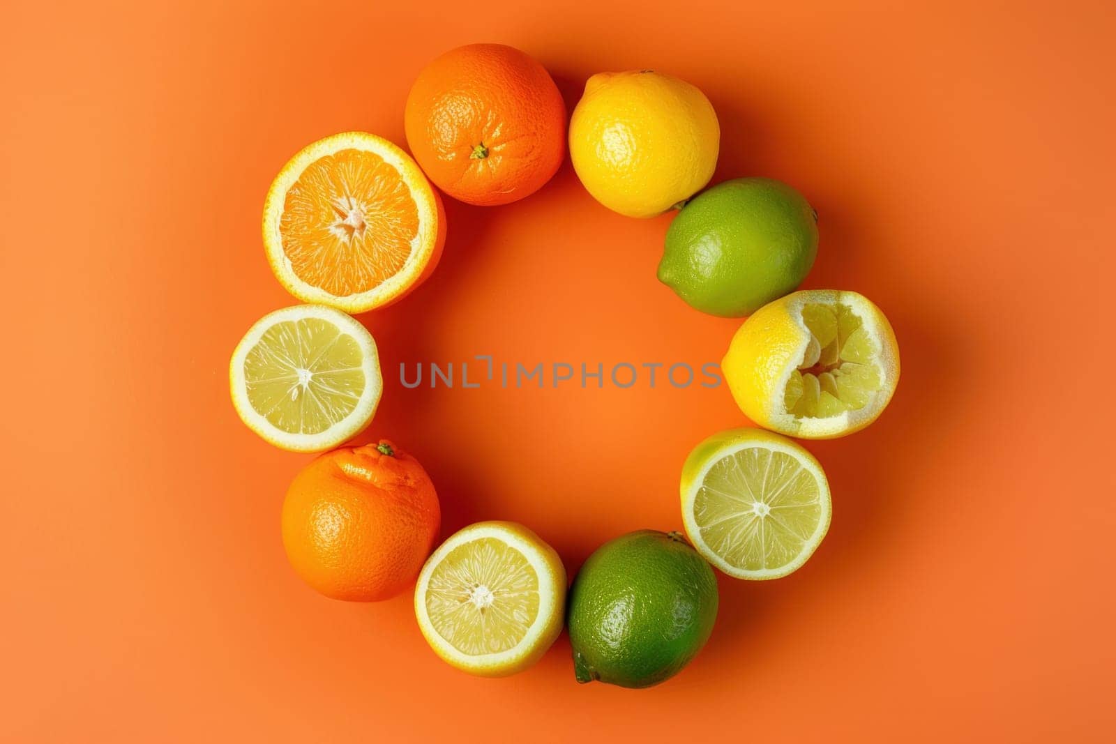 Citrus fruits arranged in the shape of an o on an orange background fresh and vibrant fruit composition for healthy lifestyle and nutrition concept