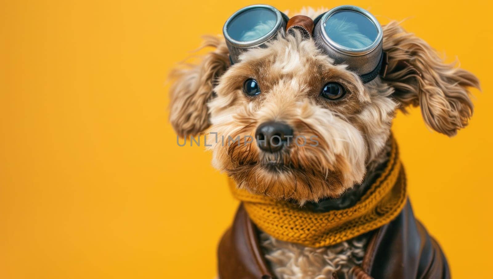 Adorable puppy with goggles and scarf on yellow background with puppy and puppy dog eyes text for pet fashion and travel concept by Vichizh