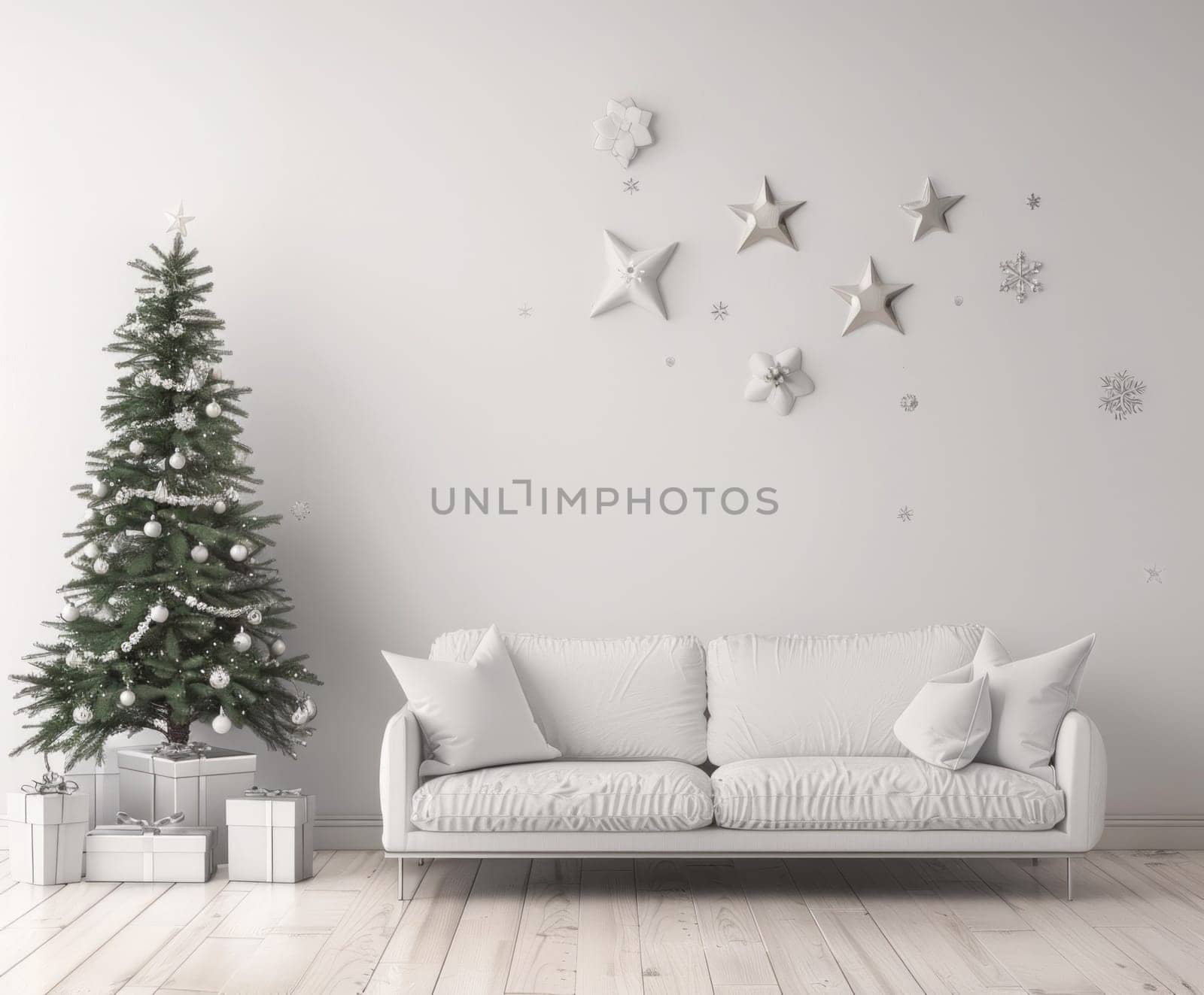 Christmasthemed living room interior with white sofa, tree, wooden floor, and cozy atmosphere