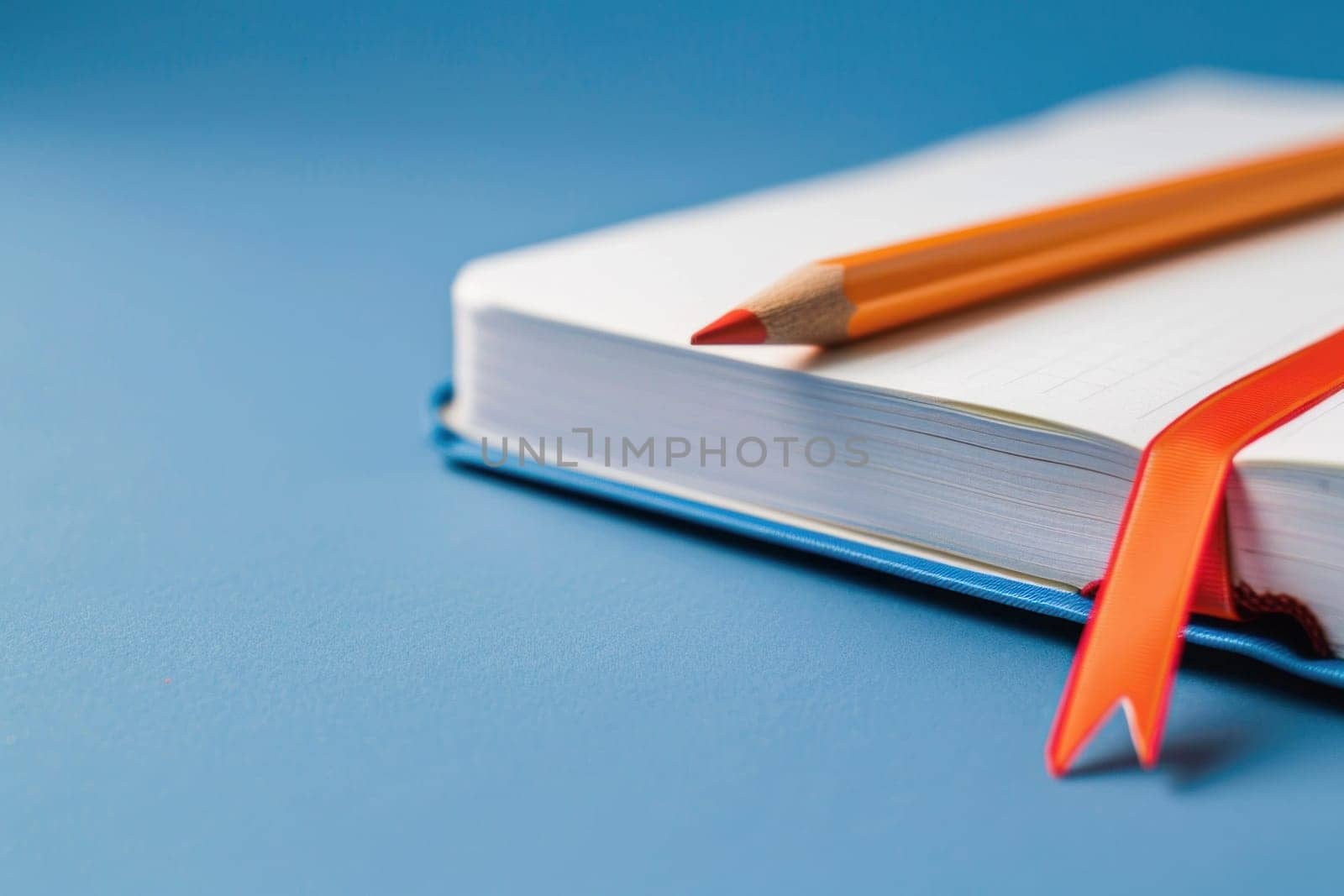 Marketing notebook with pencil on blue background for business and travel planning