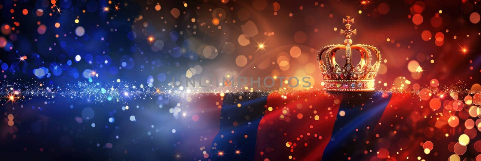 Royal crown sparkling on red, blue, and gold background with glistening lights, sparkles majestic luxury and elegance concept image