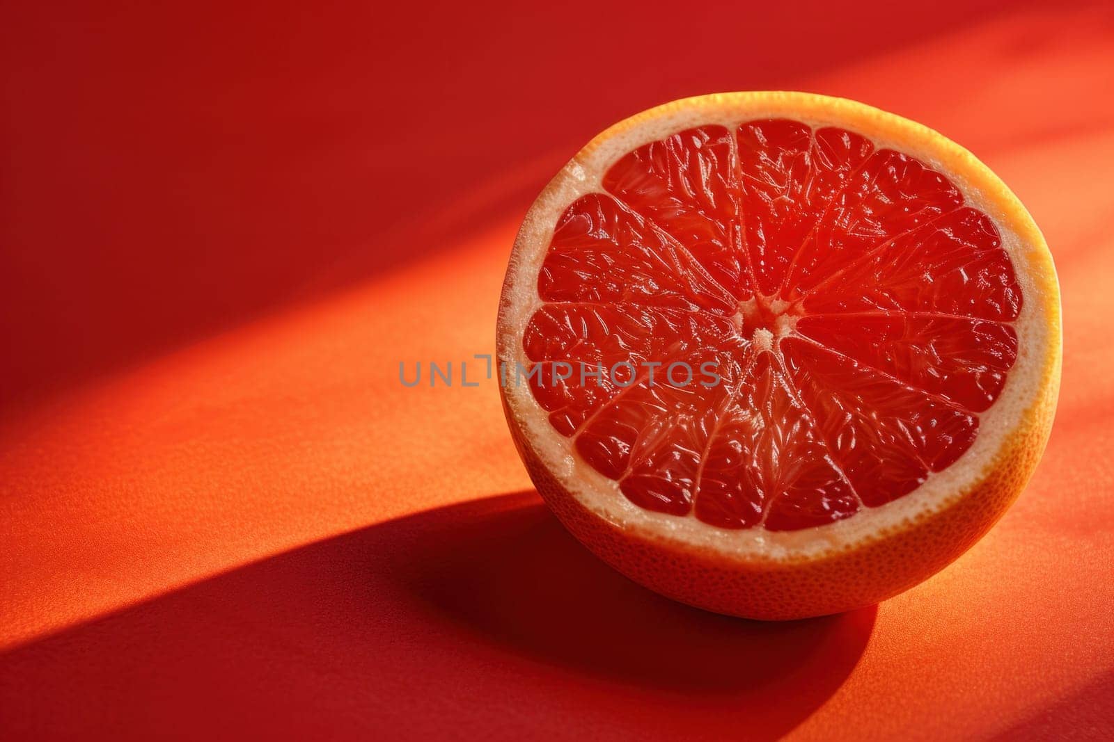 Sunlit grapefruit halves on red surface with background flare by Vichizh