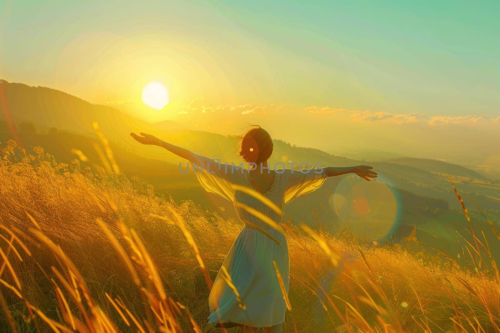 Beautiful woman in white dress standing in field with arms outstretched towards the sun in nature travel concept