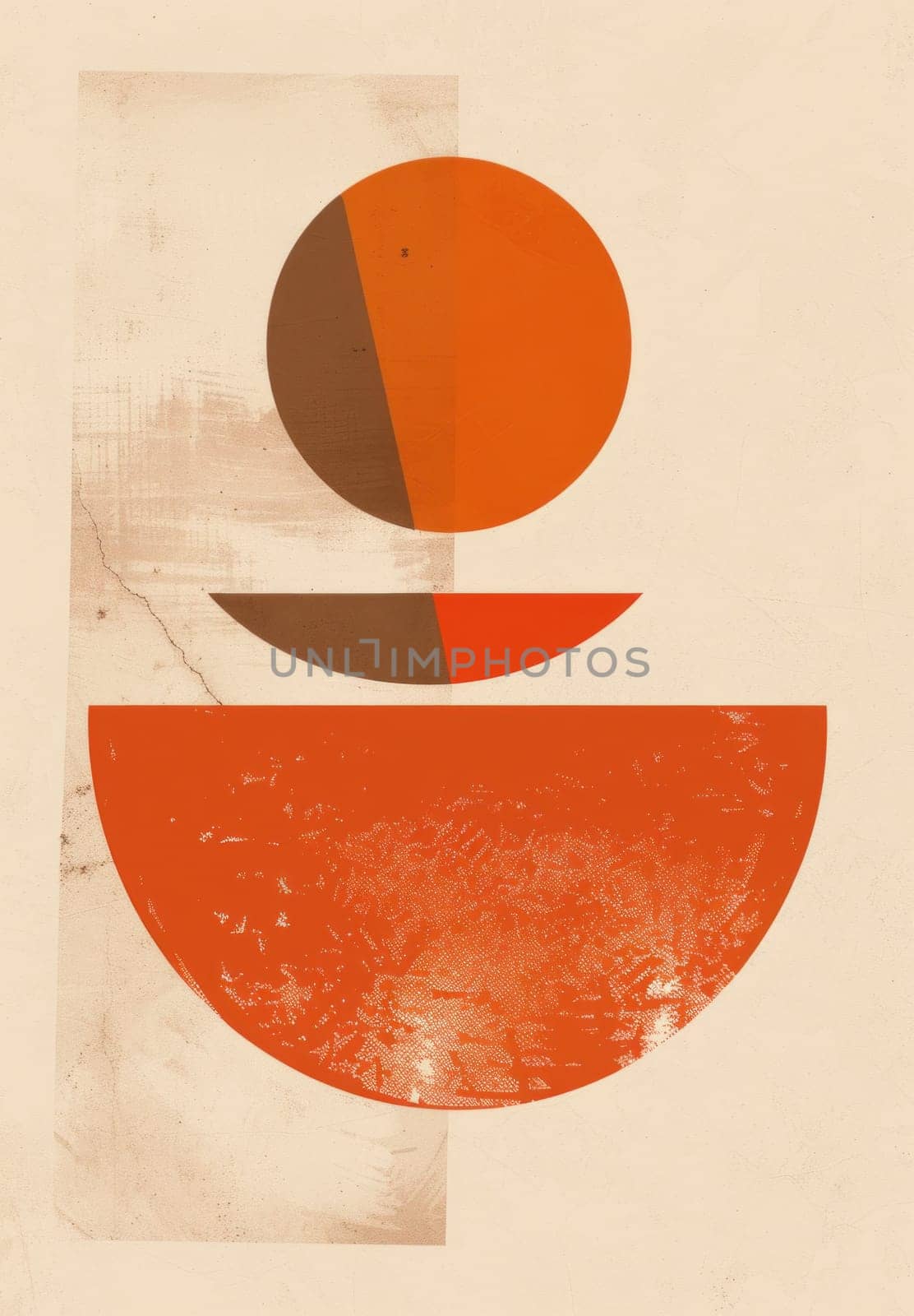 Abstract painting with dynamic orange shape and circles, artistic creation of harmony and balance in colors and shapes