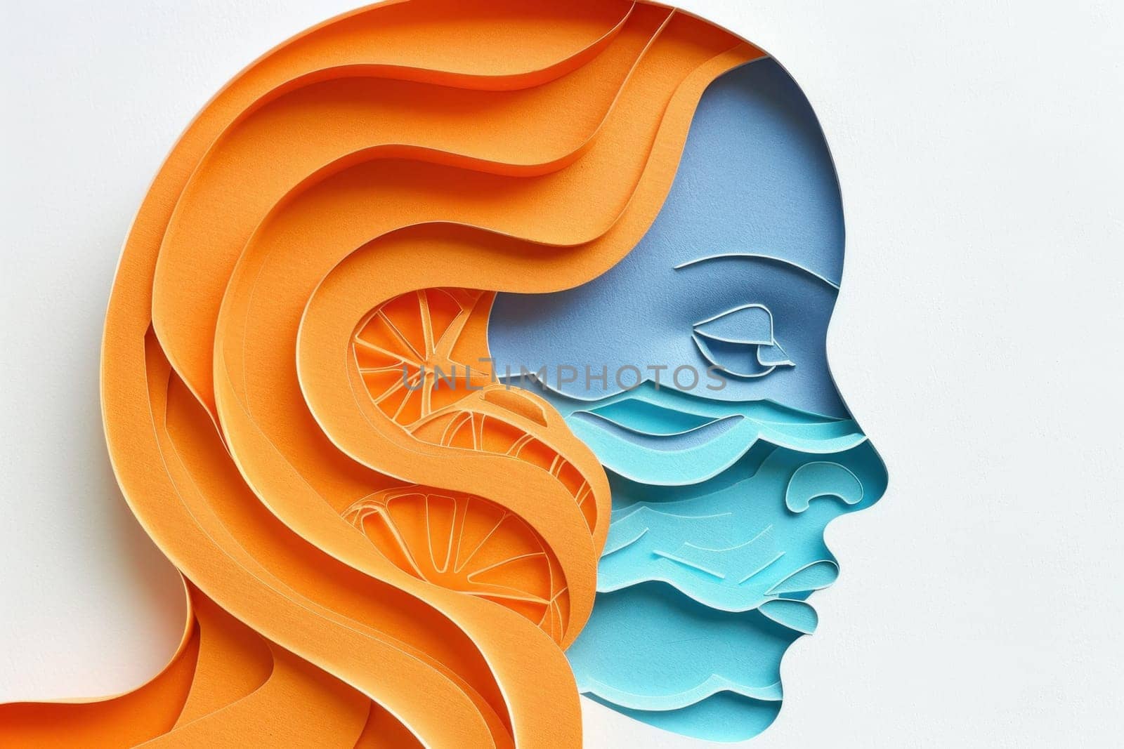 Woman's face paper cut with vibrant orange and blue wave background artistic beauty in motion illustration by Vichizh