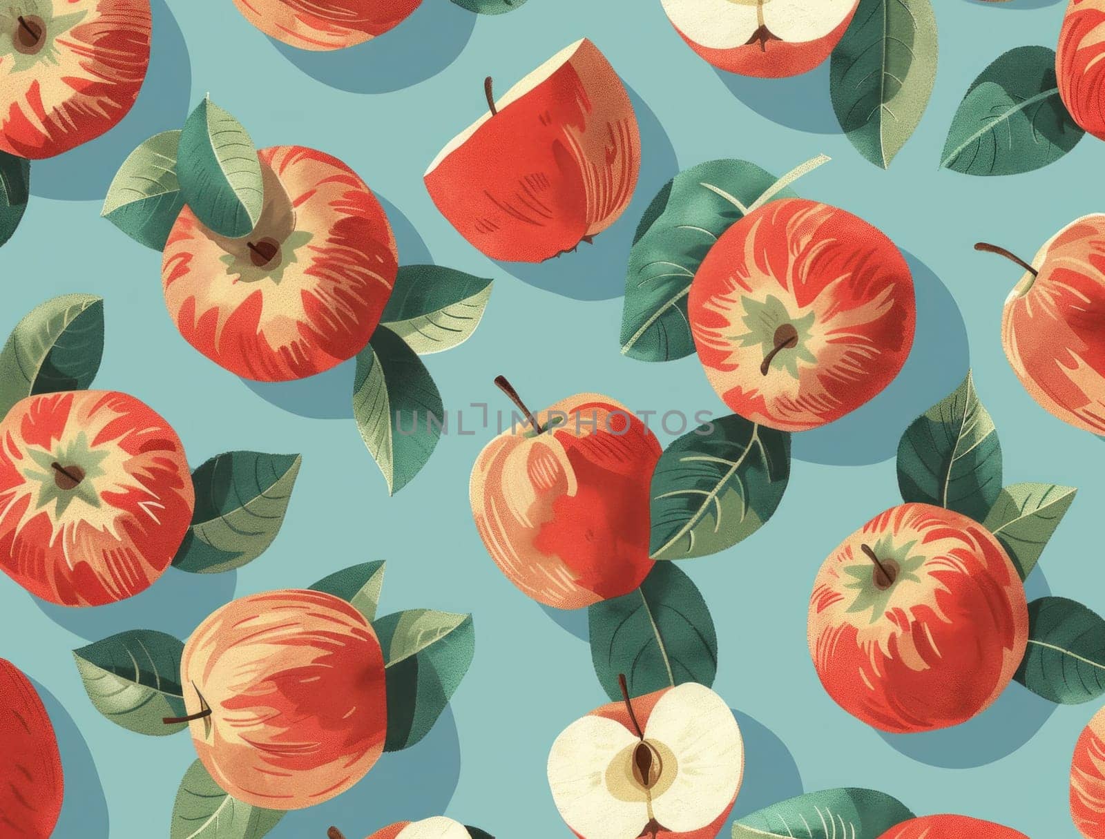 Seamless pattern with red apples and leaves on a light blue background for kitchen and cooking enthusiasts by Vichizh