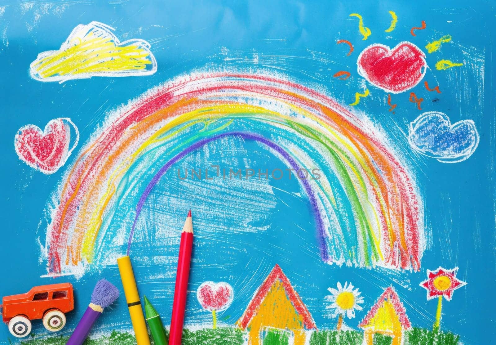 Child's drawing of rainbow and house on blue background with crayons and colored pencils for art and creativity theme