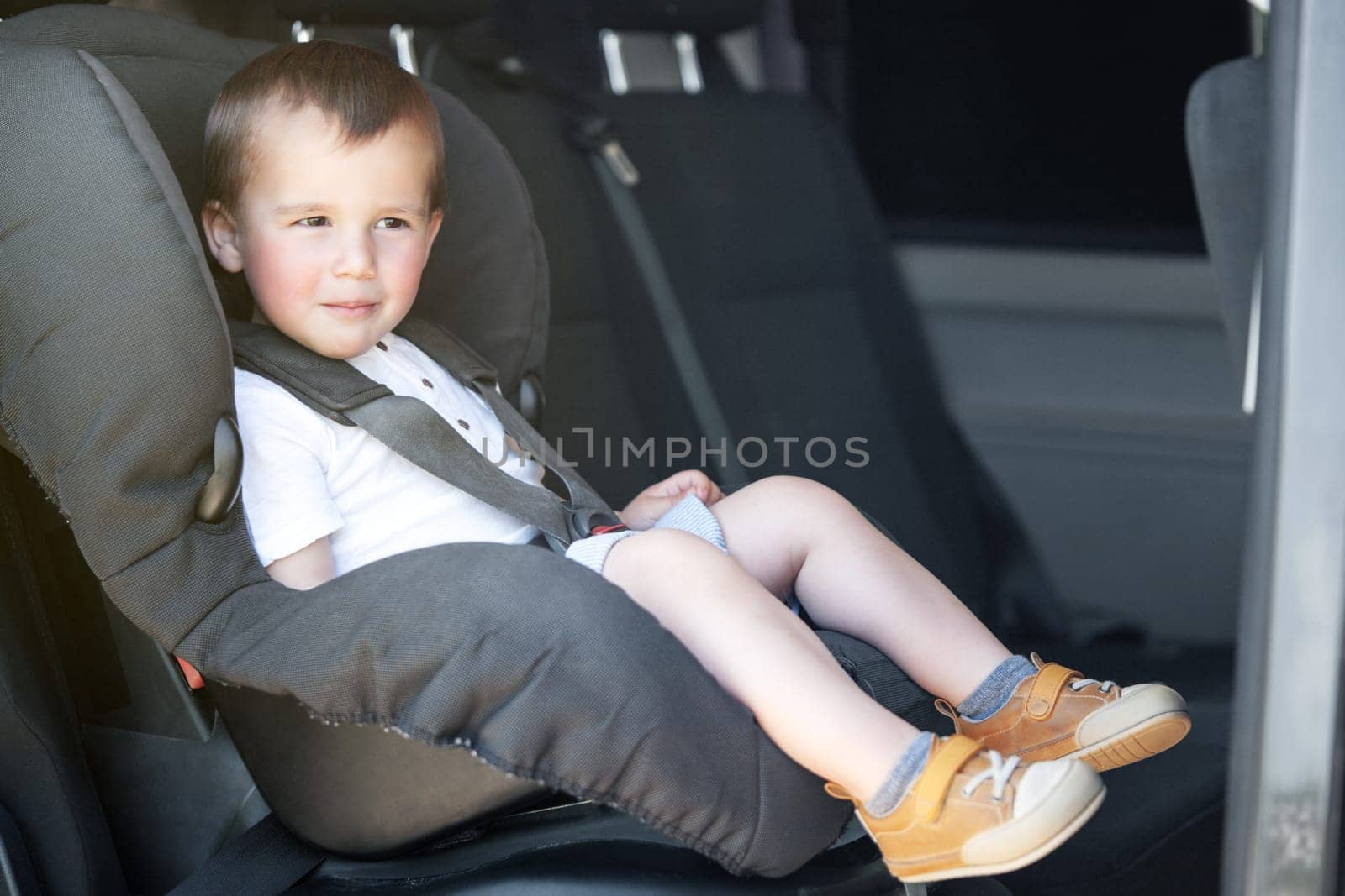 Toddler sitting in a car seat inside the car. Transportation and safety. 