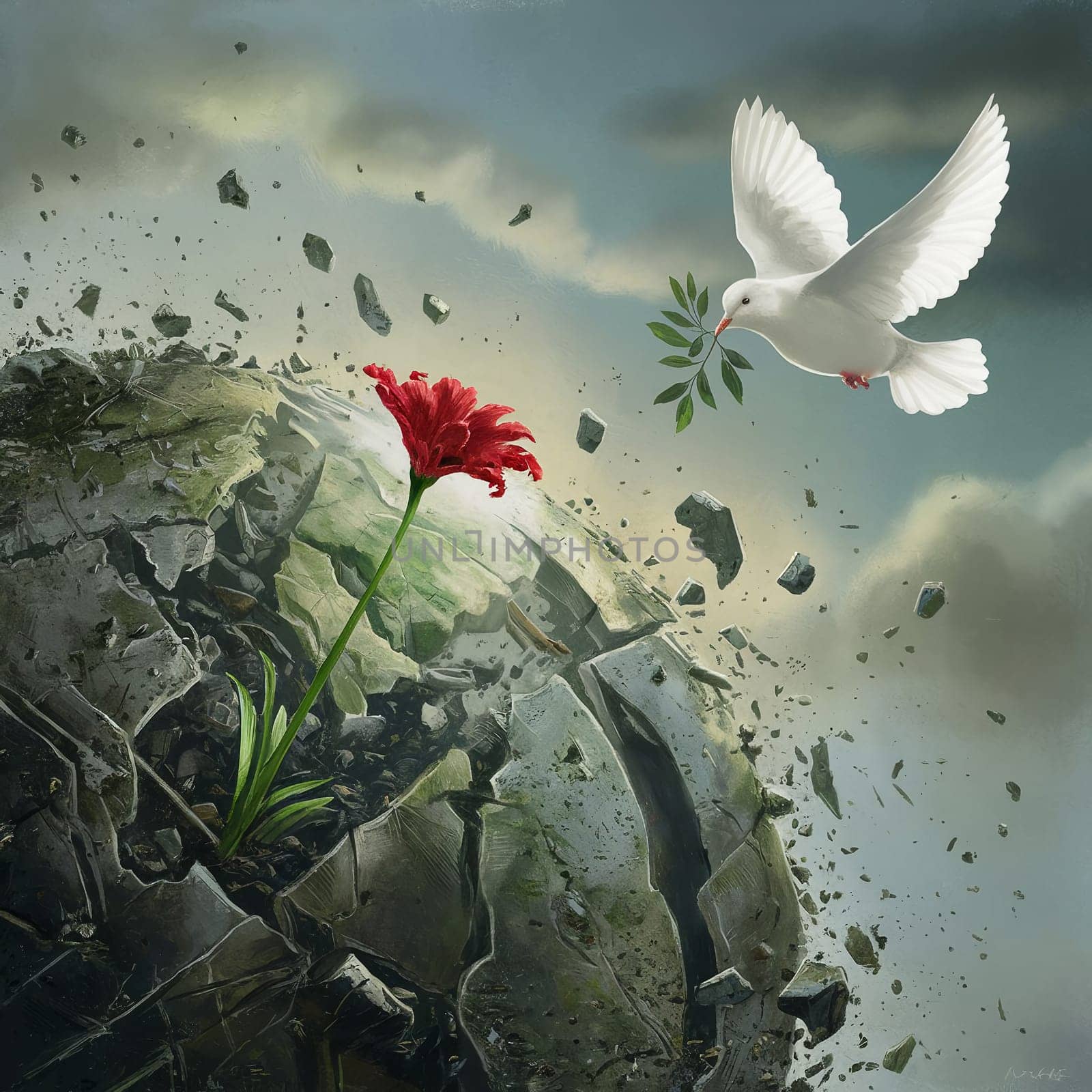 The dove of peace flies over the earth. High quality photo. A land destroyed by wars. The red flower of war. White Dove of Peace