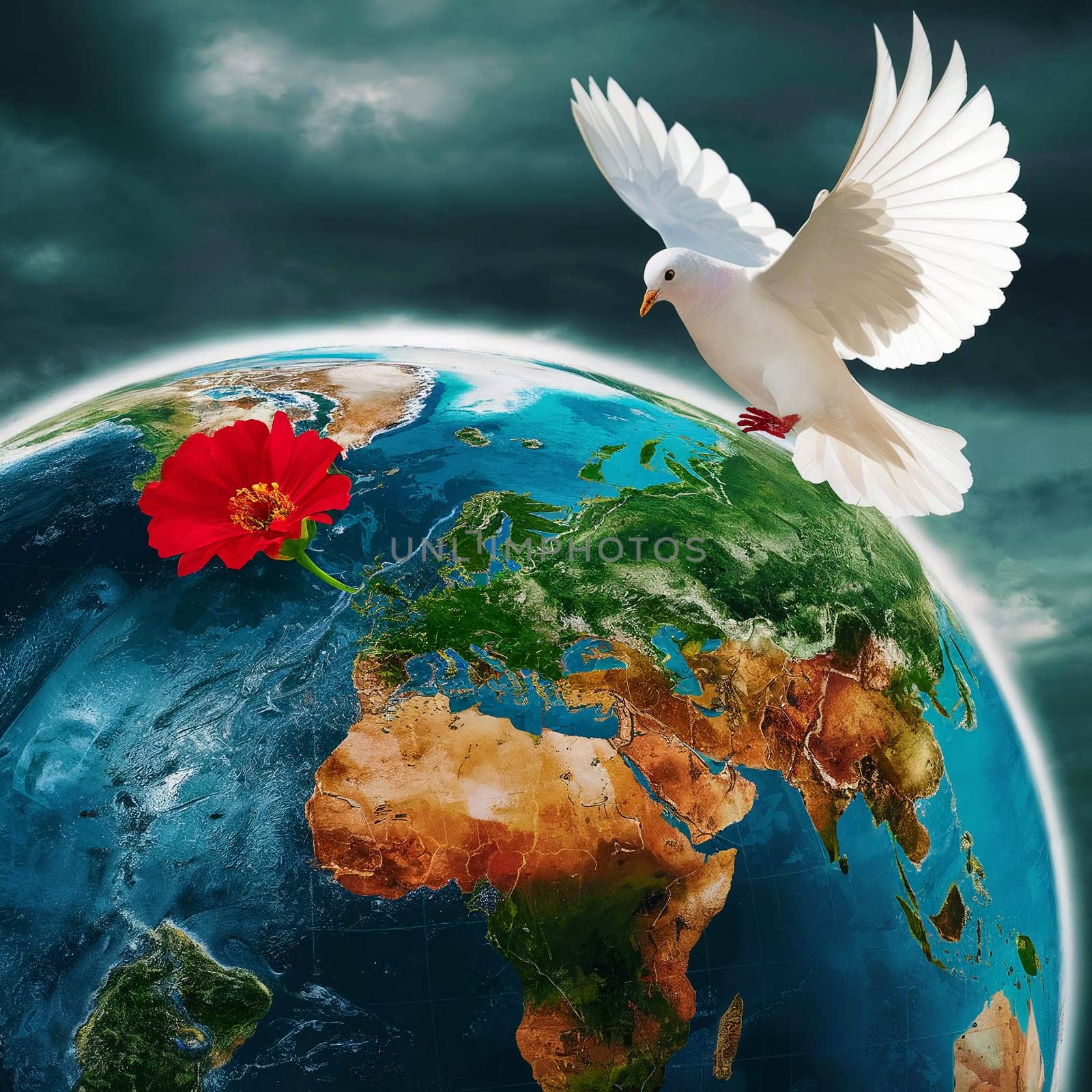 The dove of peace flies over the earth. High quality photo. A white dove flies over the globe, on which the sprout of life is in the form of a red flower