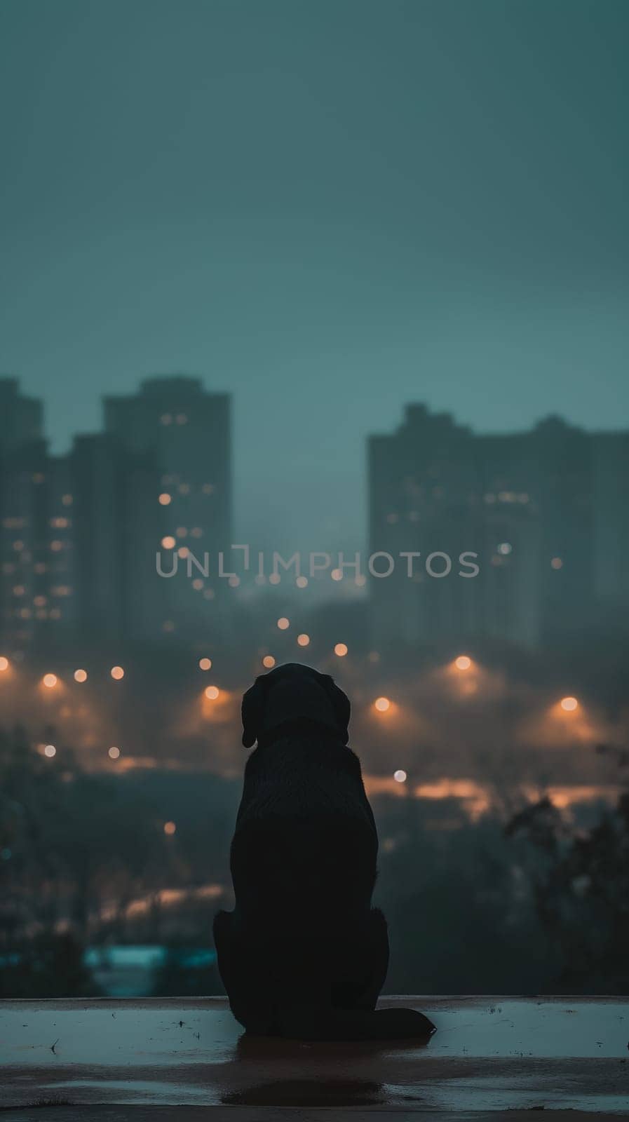 Silhouetted of a dog Gazing at City Lights at Dusk by chrisroll