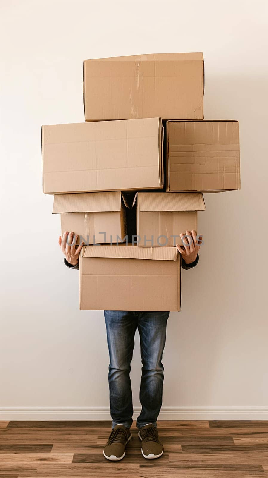 An individual obscured by a stack of cardboard boxes stands in front of a neutral-colored wall, suggesting a moving or delivery scenario - Generative AI