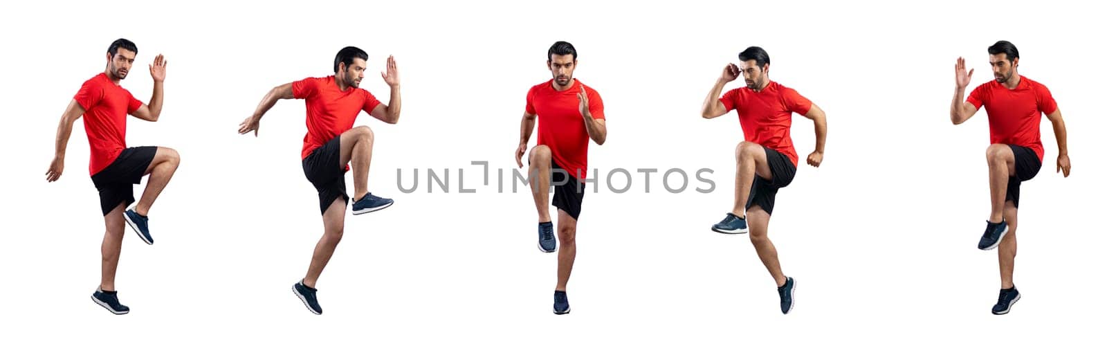 Healthy and active young man in sportswear with different professional fitness posture set of cardio training. Cardio running exercise on isolated background in gaiety full body length shot.