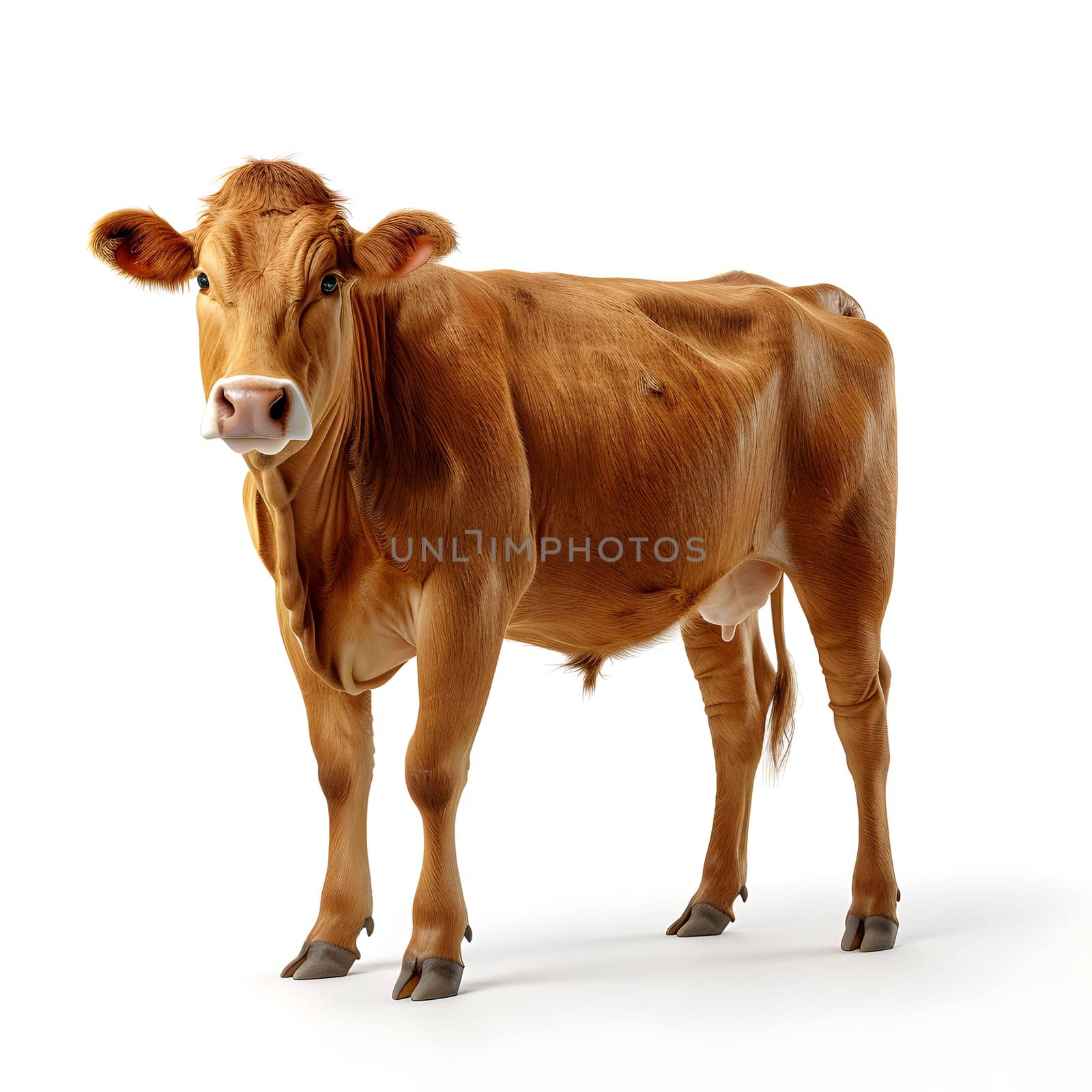 Dairy cow with brown coat and white background gazes at camera by Nadtochiy