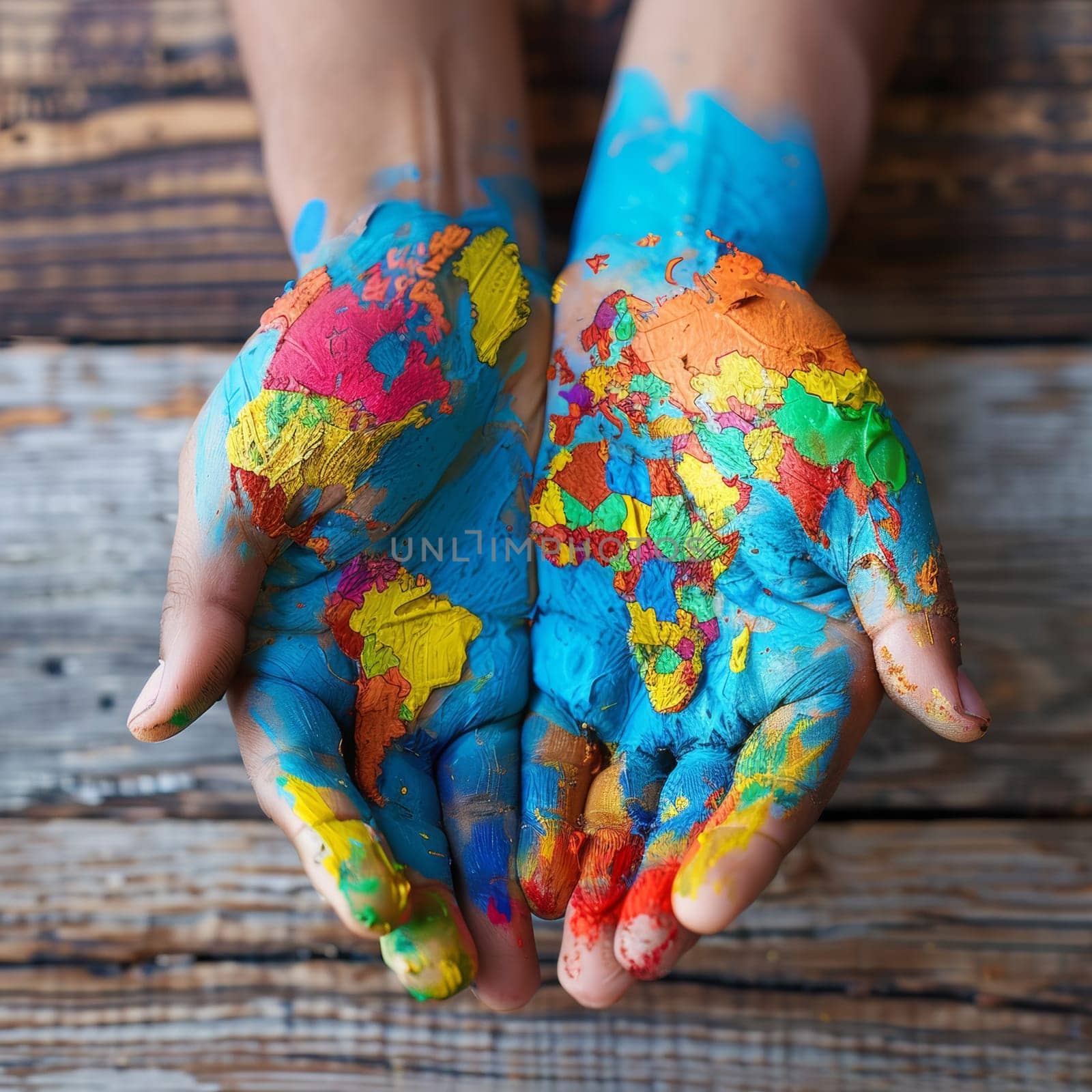 Hands with a world map painted for unity , diversity and international and cross cultural support.