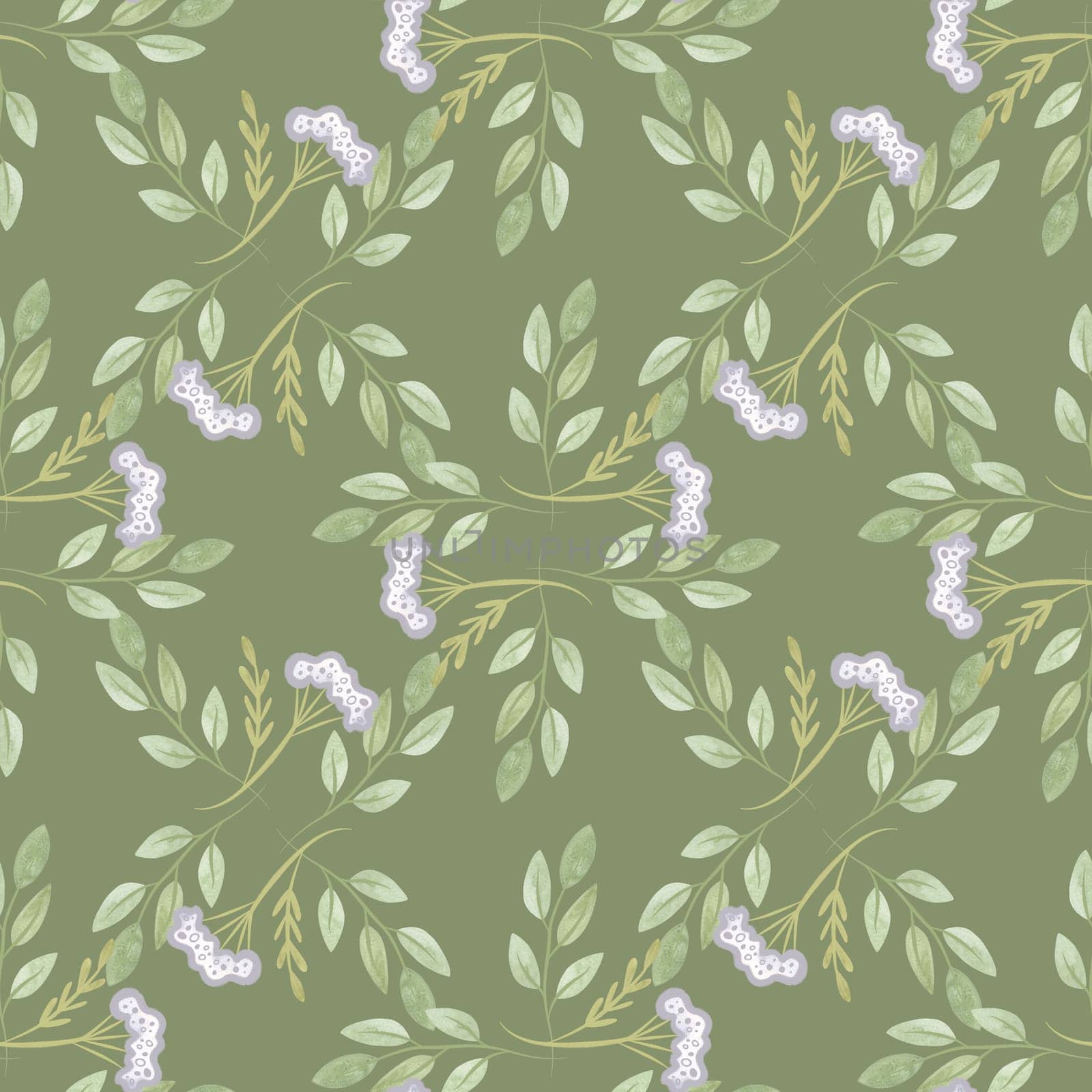 White oregano and soft green branches with leaves. Seamless watercolor pattern for fabric, wallpaper, wrapping paper, packaging cosmetics, tablecloths, curtains and home textiles