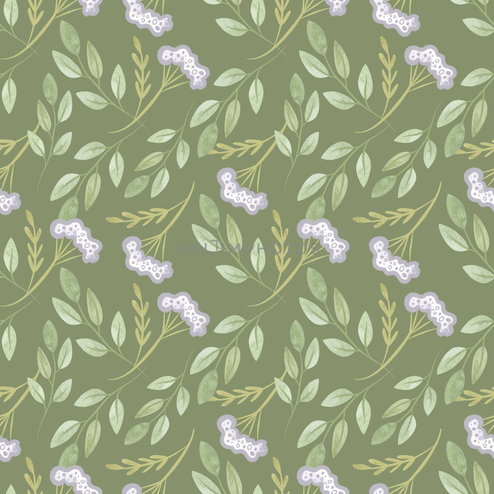 White oregano and soft green branches with leaves. Seamless watercolor pattern for fabric, wallpaper, wrapping paper, packaging cosmetics, tablecloths, curtains and home textiles. by Kudriavtseva