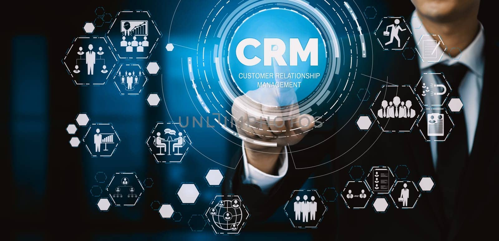 CRM Customer Relationship Management for business sales marketing system concept presented in futuristic graphic interface of service application to support CRM database analysis. uds