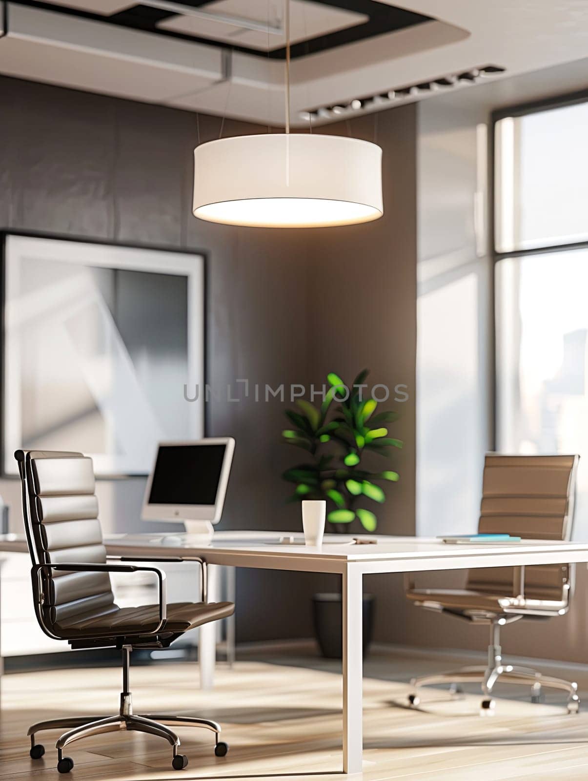 A renovated modern office space features new furniture, fresh paint, and updated lighting, creating a stylish and functional work environment. Generative AI by AnatoliiFoto