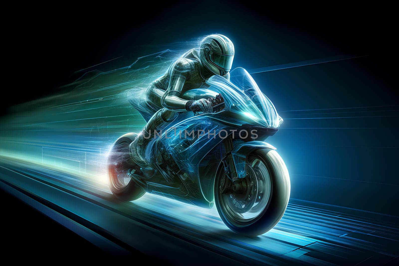 a motorcyclist in a dynamic holographic style in motion, with holographic effect by Annado