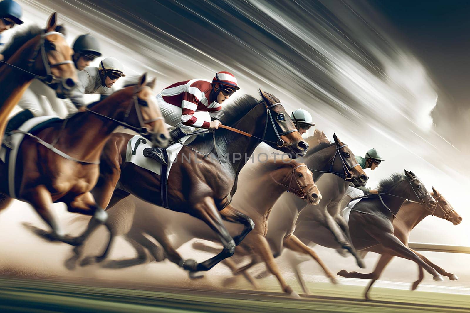 horse racing, several jockeys riding horses at full speed, motion blur.