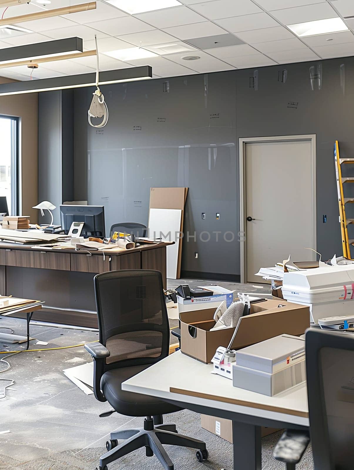 New furniture, fresh paint, and updated lighting create a sleek and functional work environment in this renovated office space. Generative AI by AnatoliiFoto