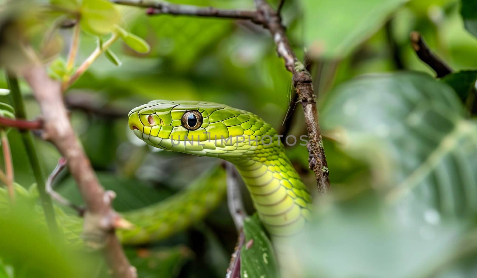 Close-up of an elegant lime green snake slithering through the branches. by OlgaGubskaya