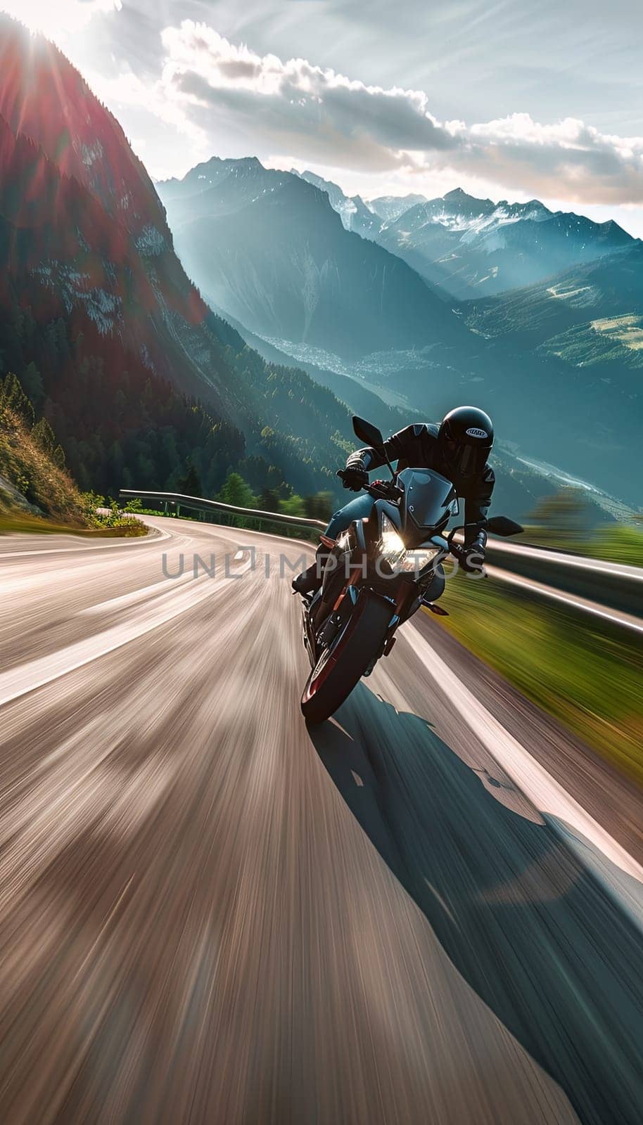 A man speeds on a motorcycle along a winding mountain road. The scenic background of mountains and forests is blurred, emphasizing the motorcycles speed.