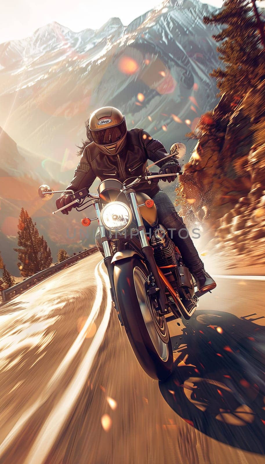 A man rides a motorcycle at high speed on a winding mountain road. The background features scenic views of mountains and forests, captured with motion blur to emphasize speed.