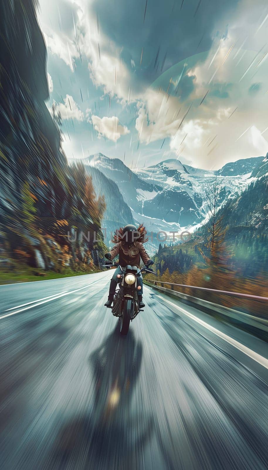 A dynamic shot of a man riding a motorcycle at high speed on a winding mountain road, captured with motion blur to emphasize the speed. Generative AI by AnatoliiFoto