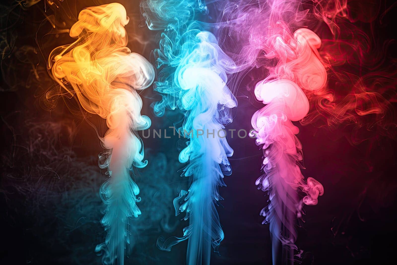 Colorful swirling smoke patterns in orange, blue, and pink on dark background. Abstract art and design concept. Design for posters, backgrounds, and digital art. Ai generation. High quality photo