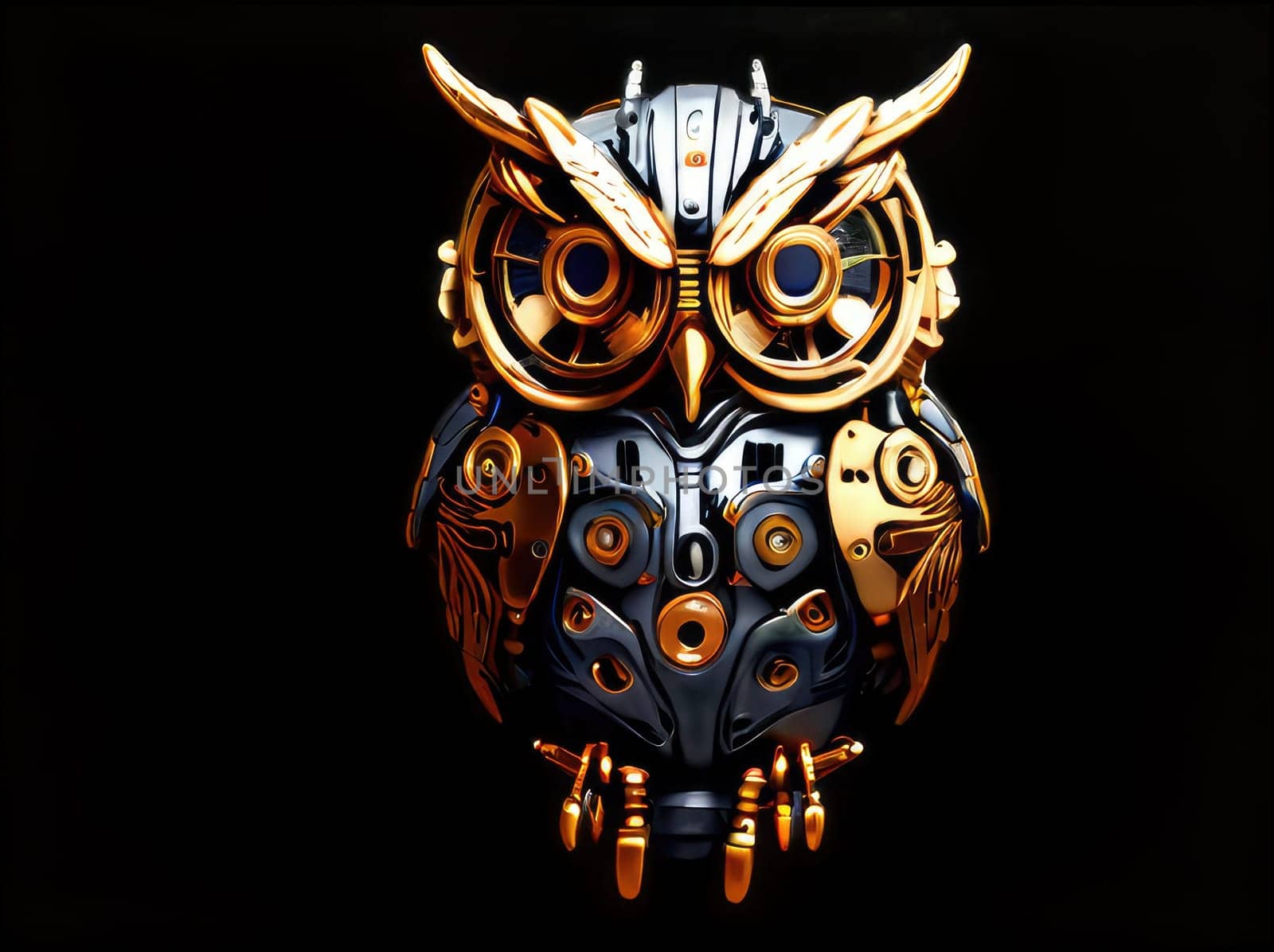 Steampunk cyborg owl pendant , 2D realistic illustration. Vintage metal bird. clipart isolated on transparent background .