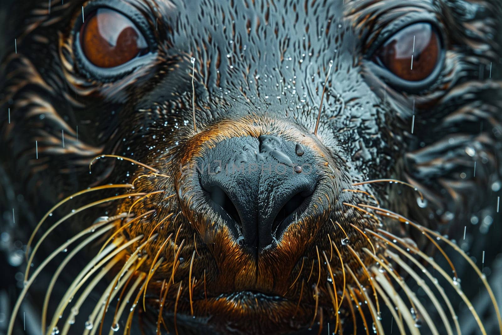 A close-up shot of a sea lions face in the rain. The animals wet fur and whiskers are visible in the image.