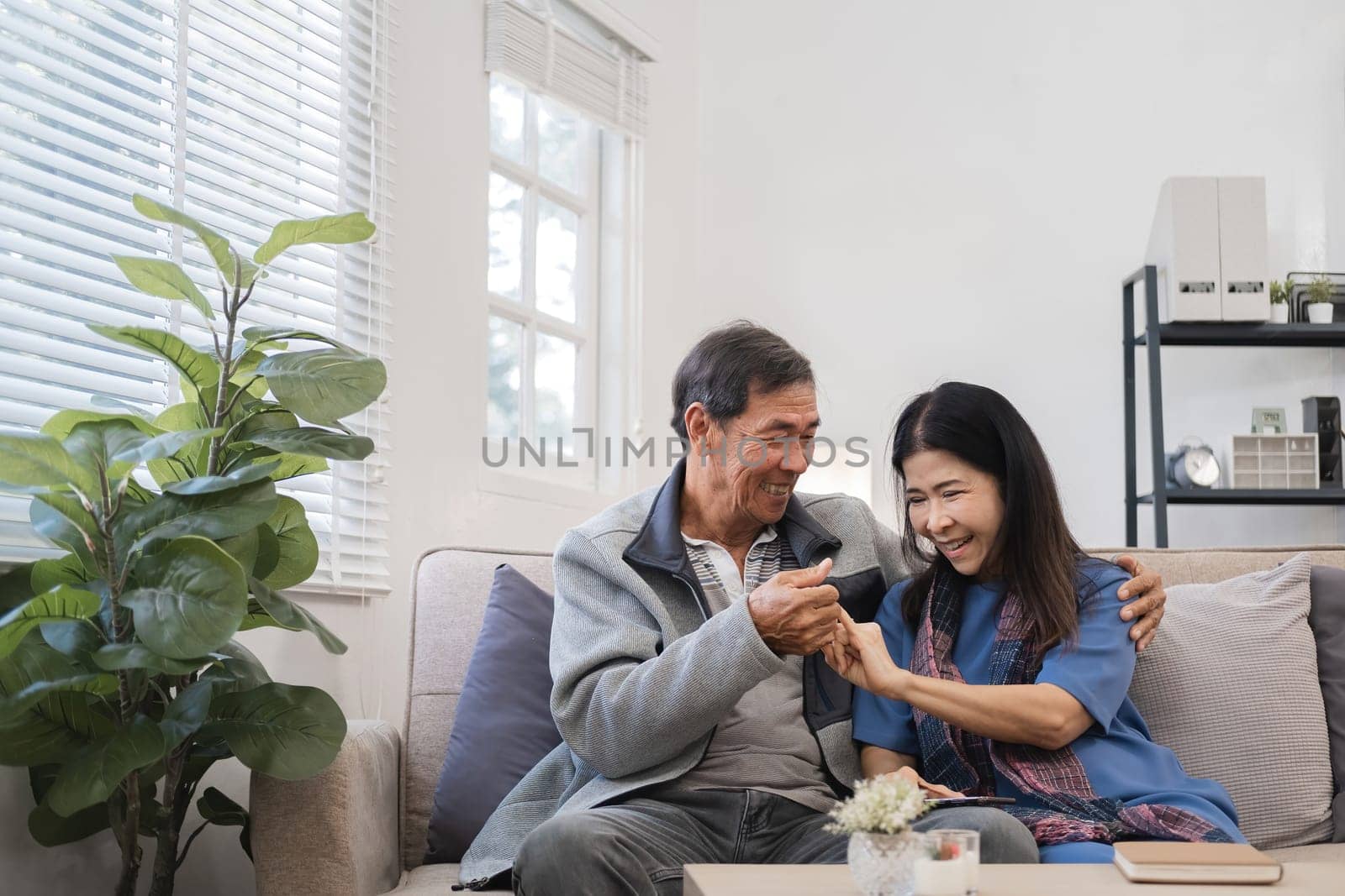 Elderly couple relaxing in a modern living room, enjoying quality time together, smiling and happy in a cozy home environment.