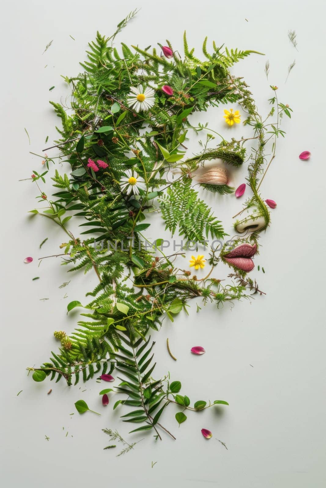 Floral beauty woman's face made of plants and flowers on white background for art and beauty concepts by Vichizh