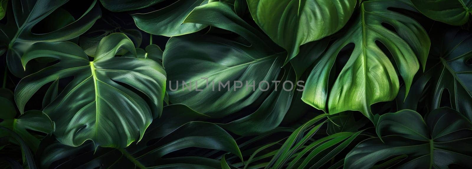 Tropical plants in dark green on black background exotic nature beauty and elegance artistic painting by Vichizh