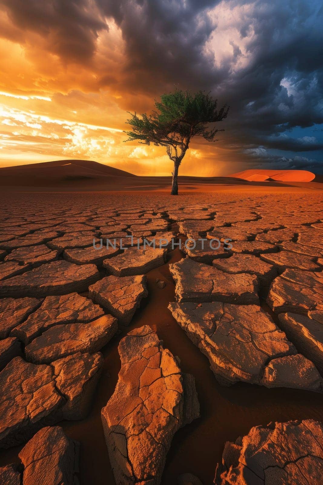 Solitary tree in barren landscape with stunning sunset background beauty and serenity of nature in travel photography sunset sky tour concept artistic desert scene by Vichizh