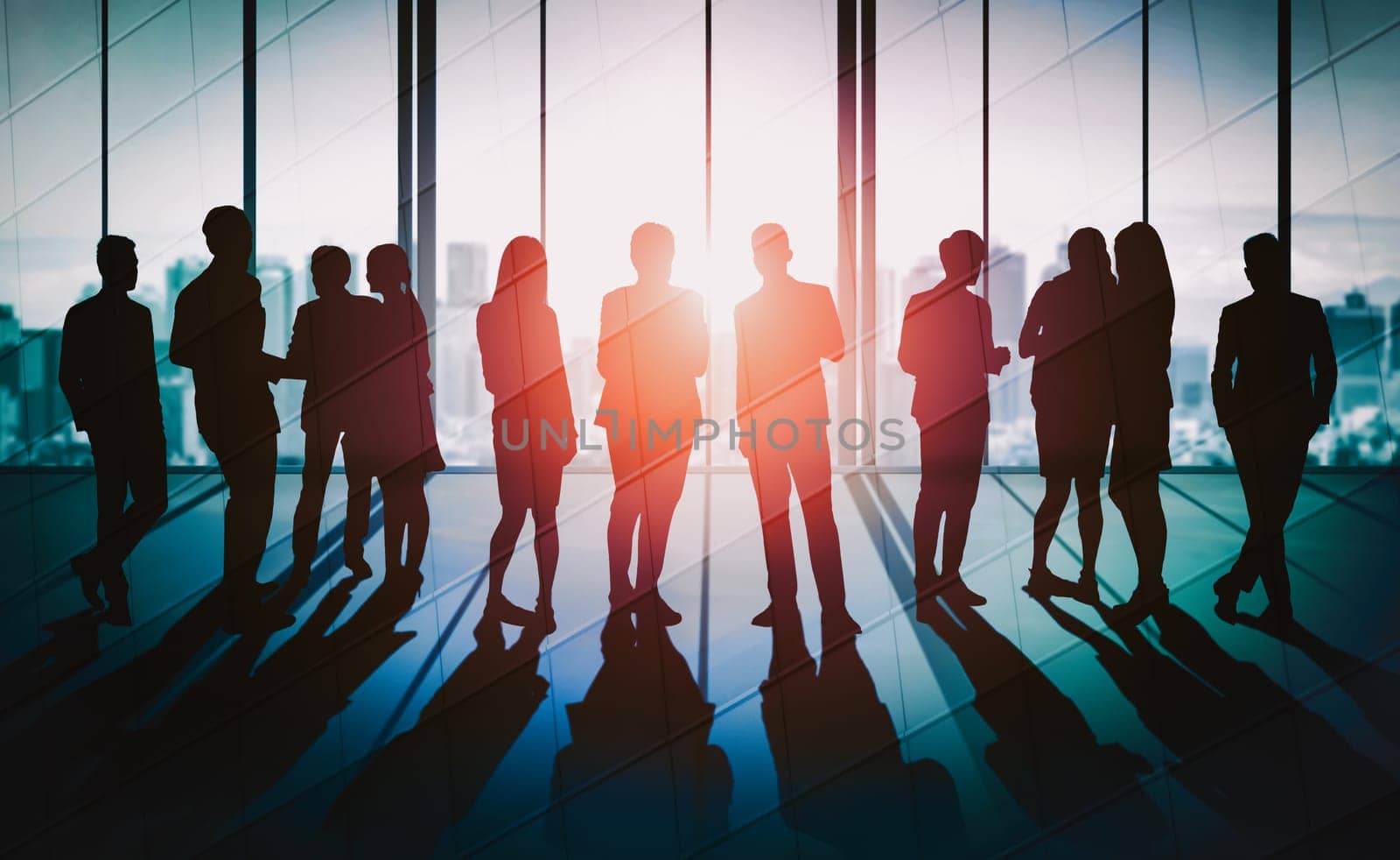 Double exposure image of many business people conference group meeting on city office building in background showing partnership success of business deal. Concept of teamwork, trust and agreement. uds