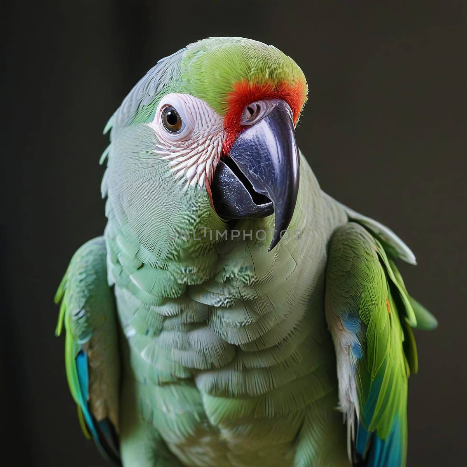 High quality photo. A big parrot is sitting on a branch. Green parrot on a gray background. Isolated close up