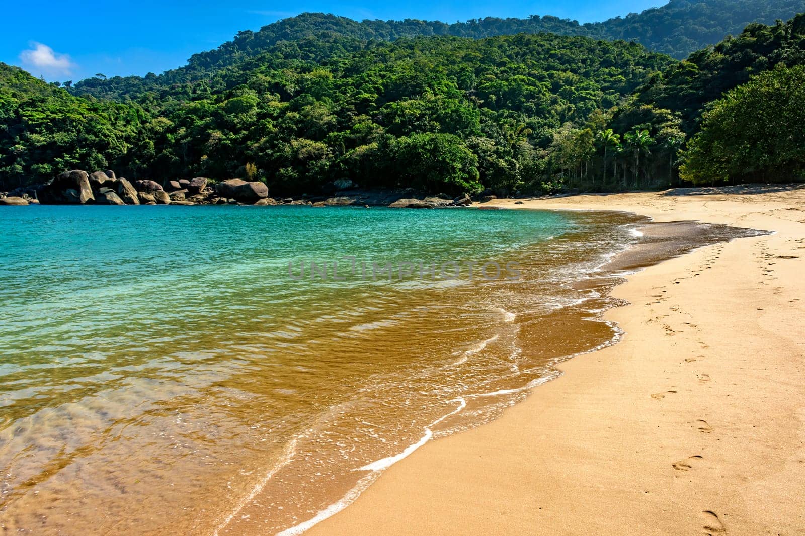 View of Indaiauba beach on tropical island of Ilhabela on the Sao Paulo coast